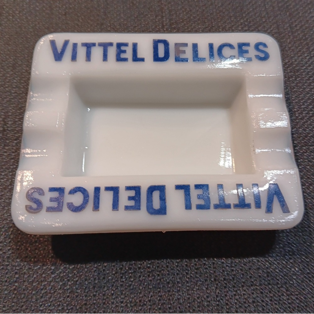 Vintage Vittel Delices French Opaline Milk Glass Ashtray White Blue Advertising